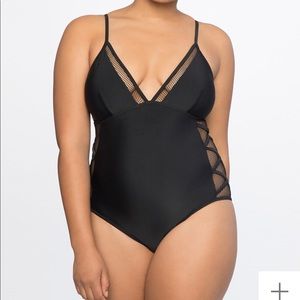 Black ELOQUII swimsuit with mesh cutouts